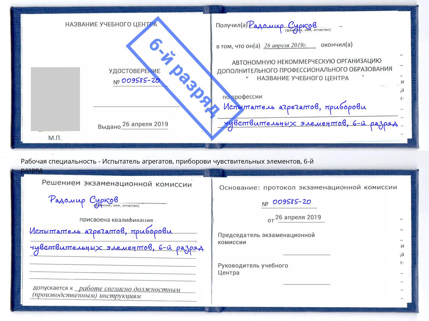 корочка 6-й разряд Испытатель агрегатов, приборови чувствительных элементов Ковров