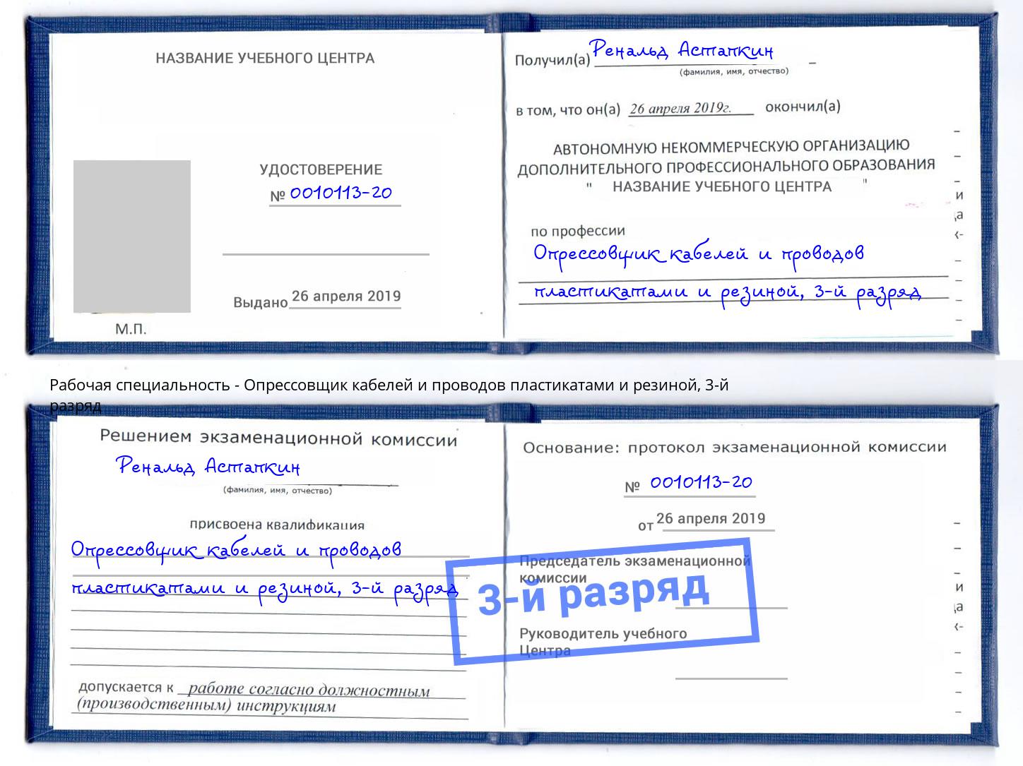 корочка 3-й разряд Опрессовщик кабелей и проводов пластикатами и резиной Ковров