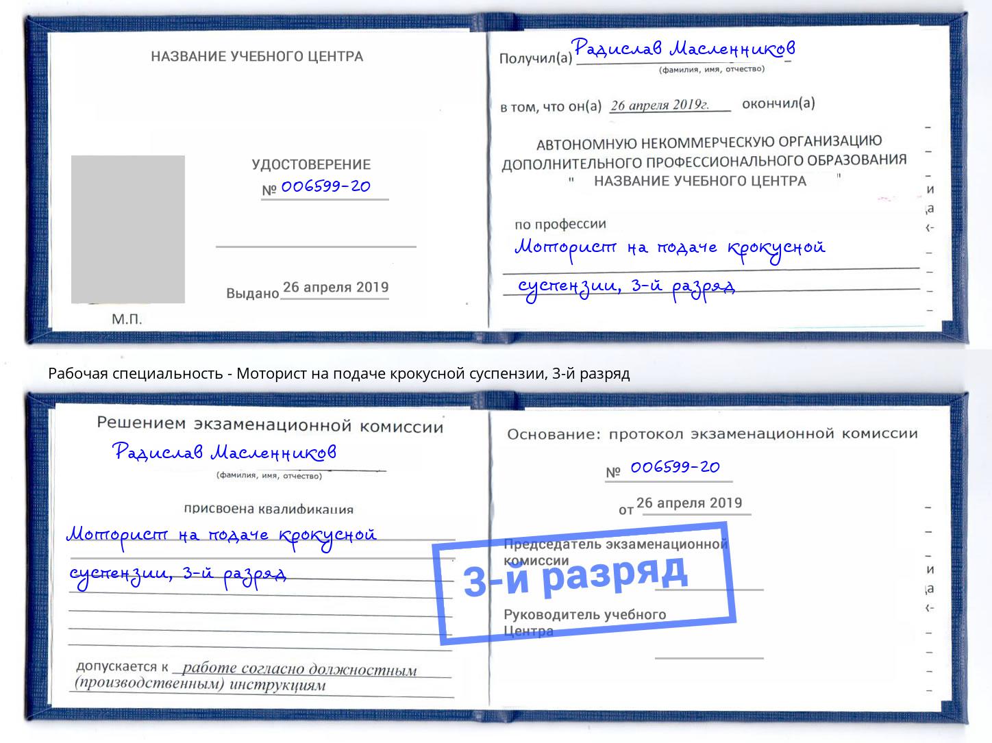корочка 3-й разряд Моторист на подаче крокусной суспензии Ковров