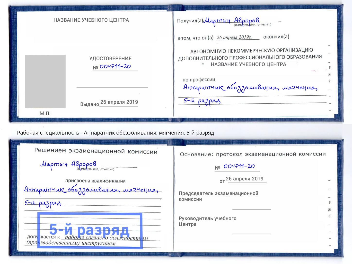 корочка 5-й разряд Аппаратчик обеззоливания, мягчения Ковров