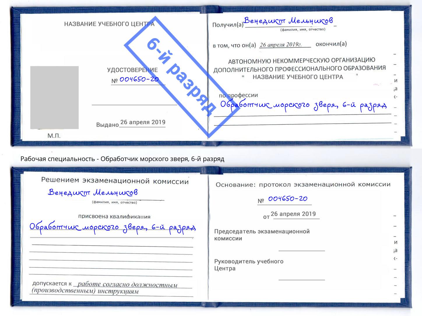корочка 6-й разряд Обработчик морского зверя Ковров