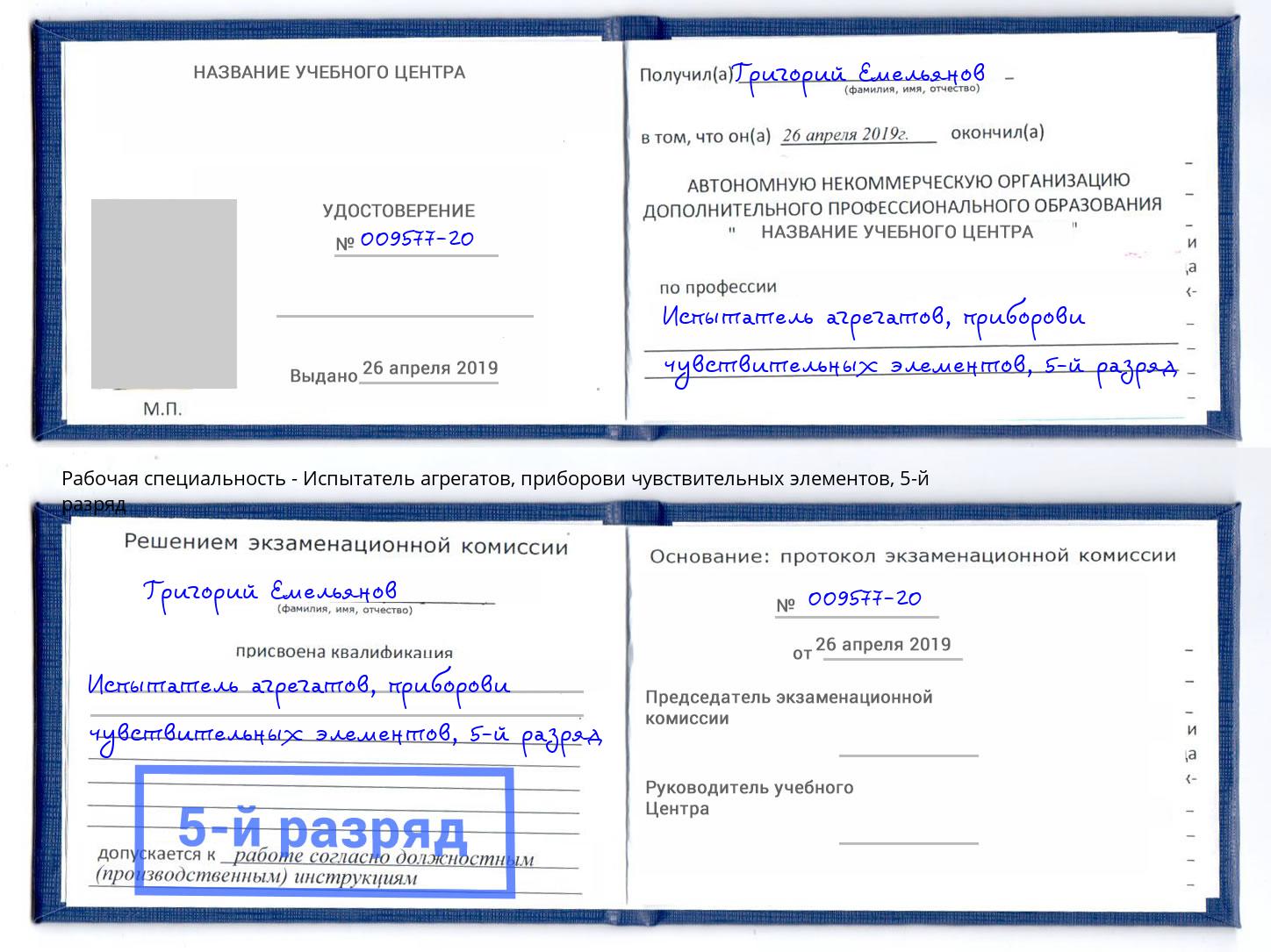 корочка 5-й разряд Испытатель агрегатов, приборови чувствительных элементов Ковров