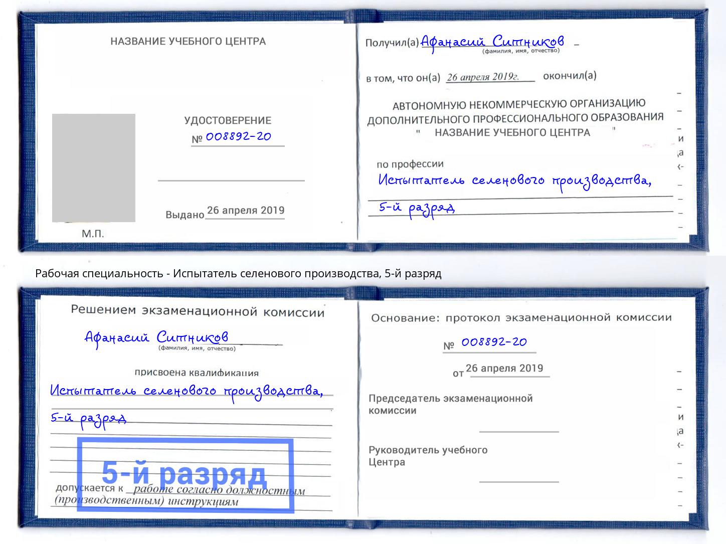 корочка 5-й разряд Испытатель селенового производства Ковров