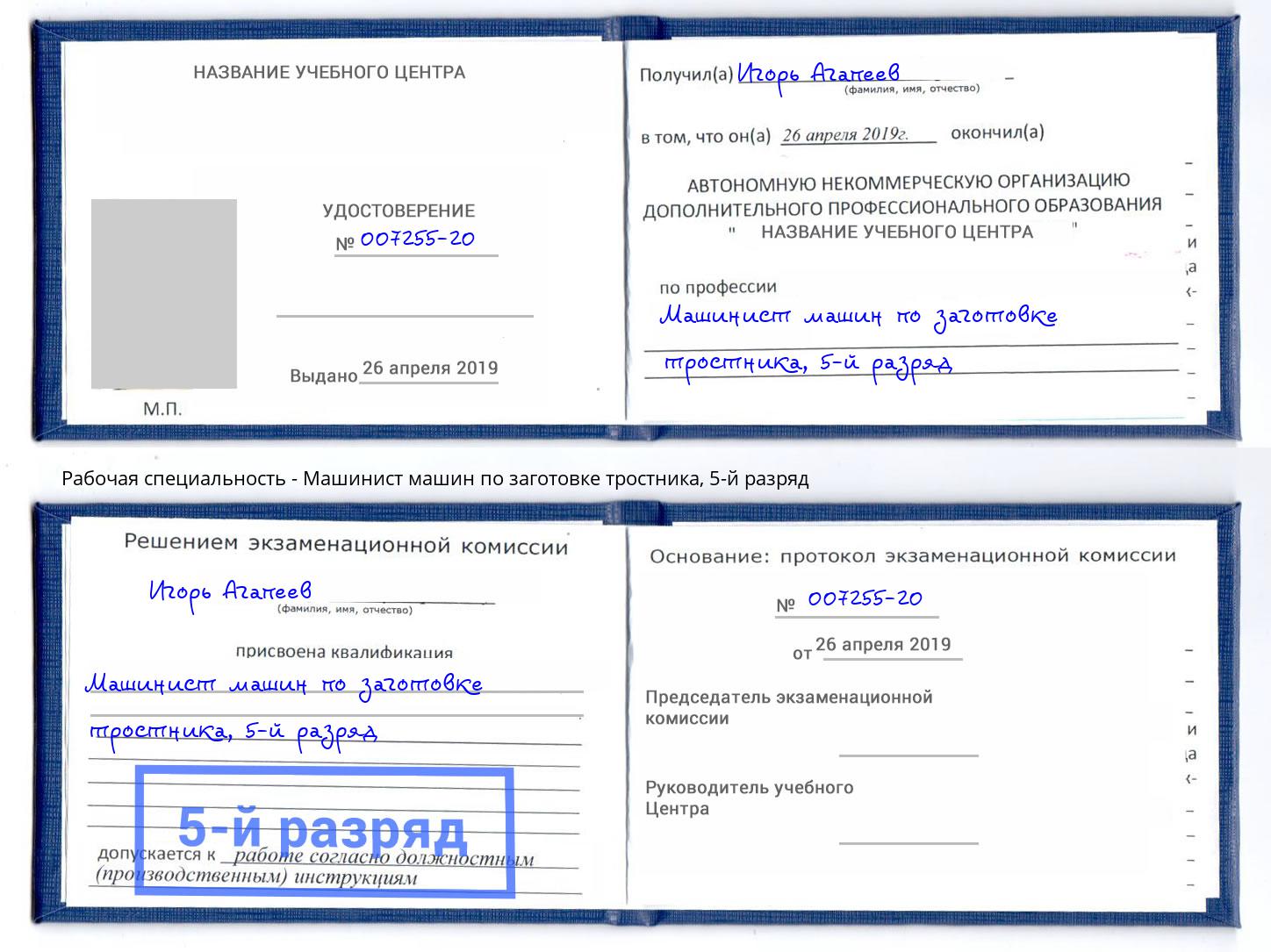 корочка 5-й разряд Машинист машин по заготовке тростника Ковров