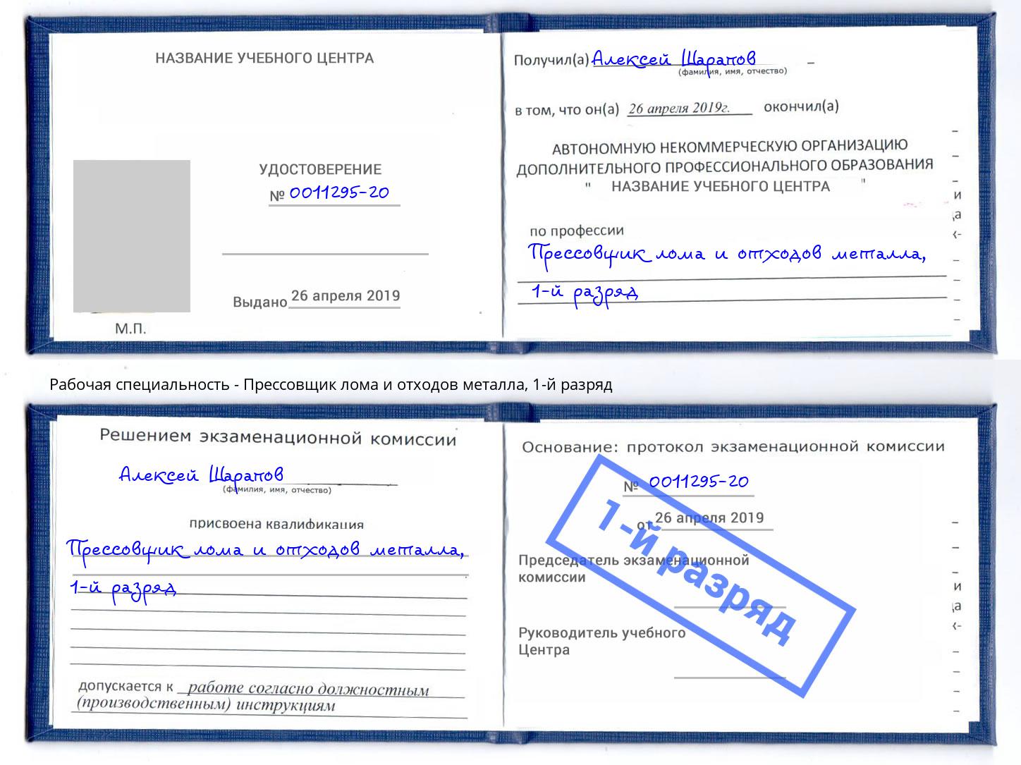 корочка 1-й разряд Прессовщик лома и отходов металла Ковров